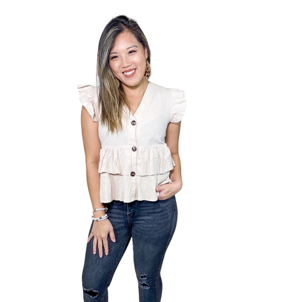 Khaki Ruffle Button Up Peplum Top - Picture 2 of 6